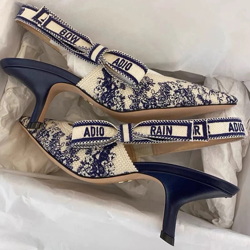 VCSHOES Navy Blue Embroidered Bow Buckle Sandals Woman Pointed Toe Slingback Cat Heel Sandals Flat Shoes For Women