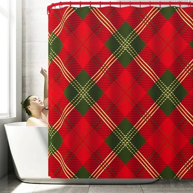 Buffalo Checkered Shower Curtain With 12 Red Hooks, Cloth Fabric Christmas Shower Curtain, IPX7 Waterproof Irish Tartan Plaid Bathroom Shower Curtain For Home Decor,72 x 72 Inch