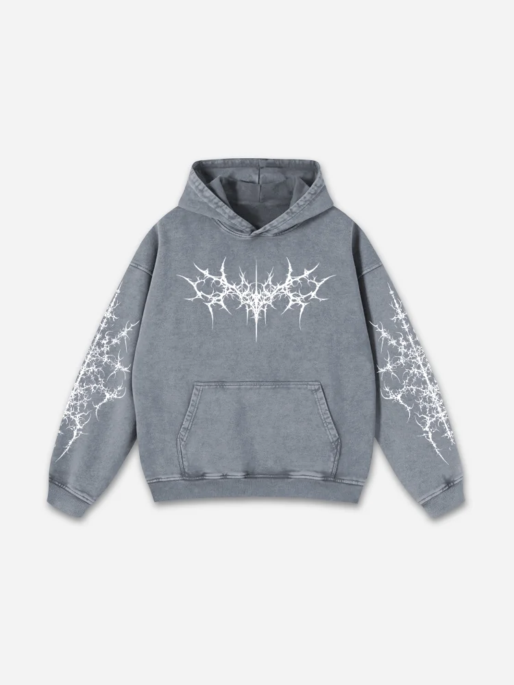 Vintage Pattern Print Acid Washed Oversized Hoodie