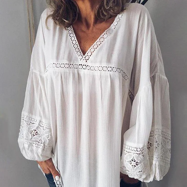 V-neck casual style lace stitching lantern sleeve loose shirt socialshop