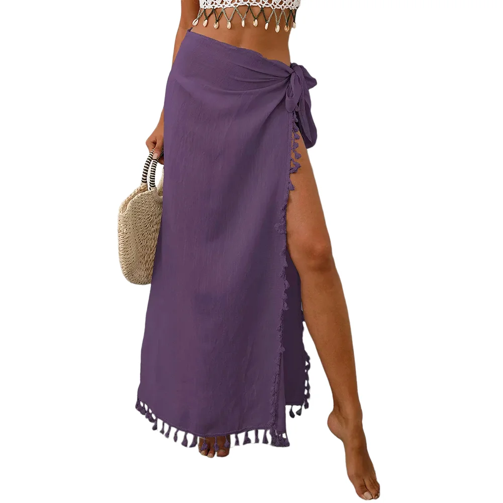 Purple Splicing Tassels Irregular Beach Maxi Skirt