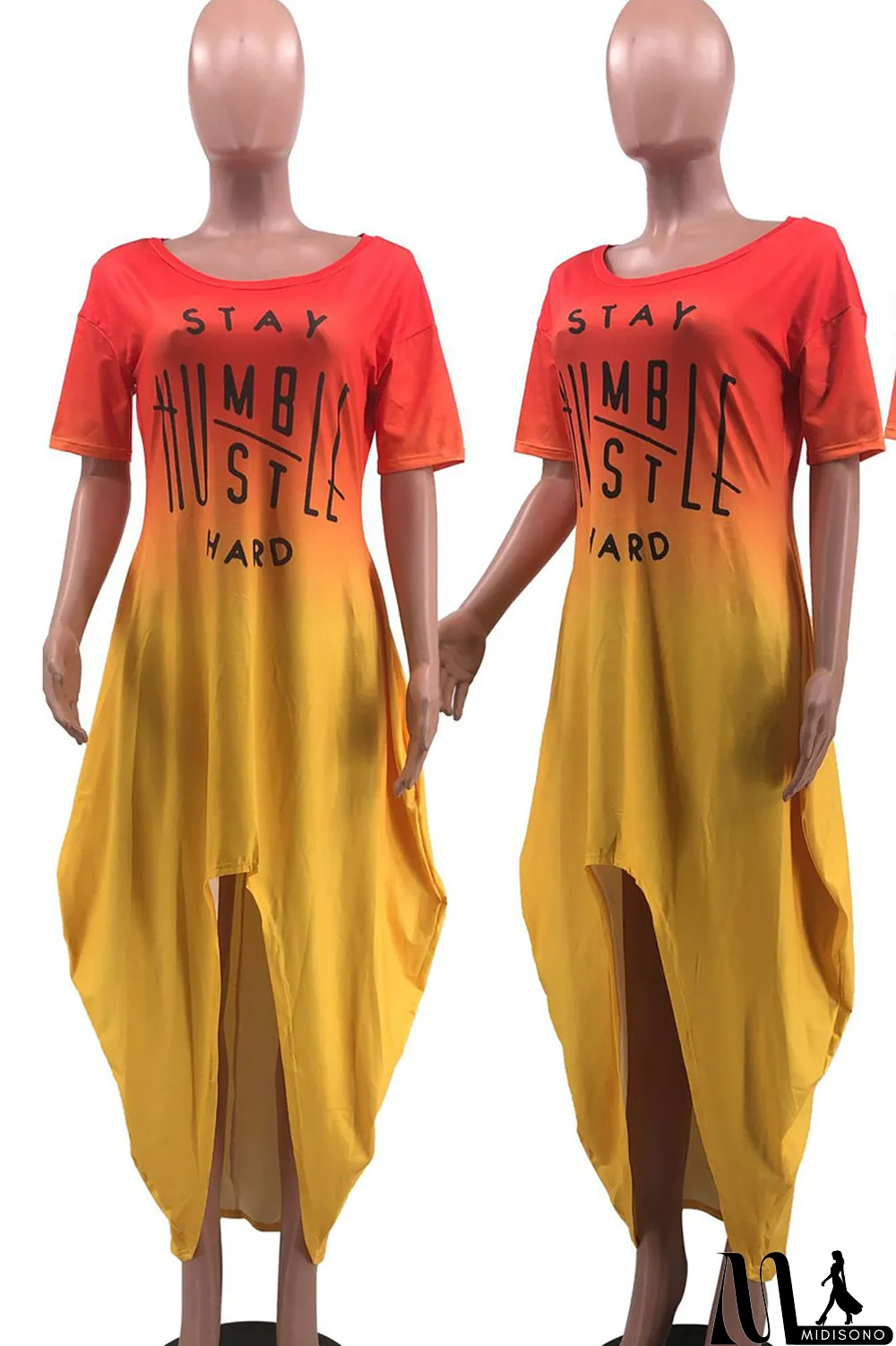 MidiSono - Yellow Casual Gradual Change Print Patchwork Asymmetrical O Neck Irregular Dress Dresses