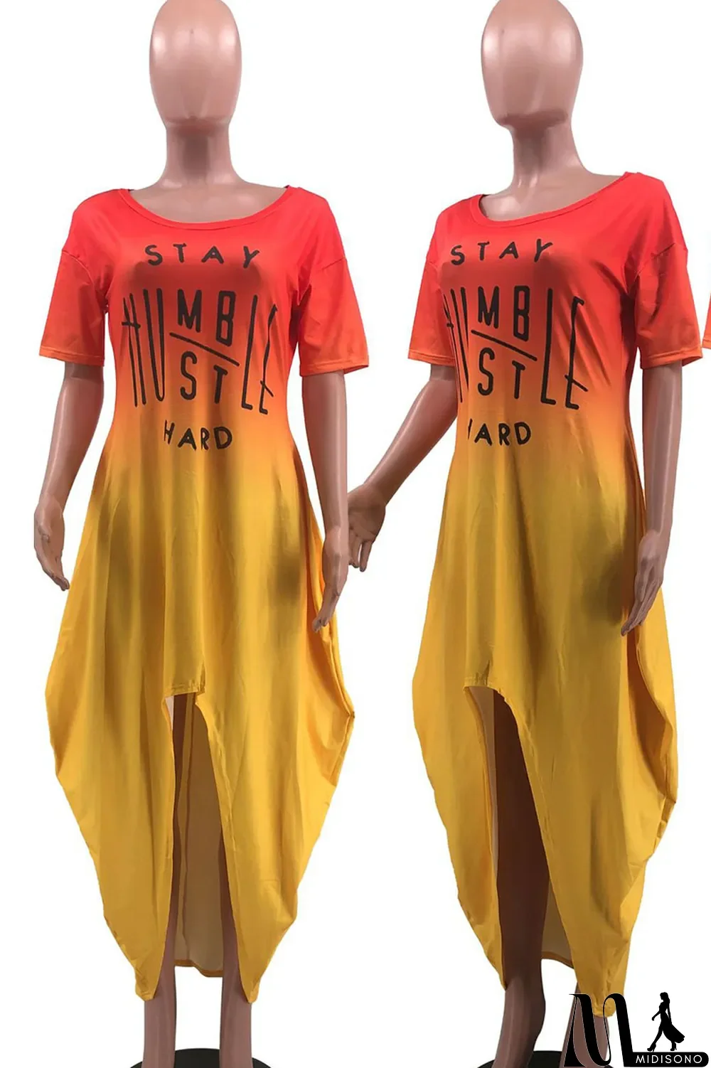 MidiSono - Yellow Casual Gradual Change Print Patchwork Asymmetrical O Neck Irregular Dress Dresses