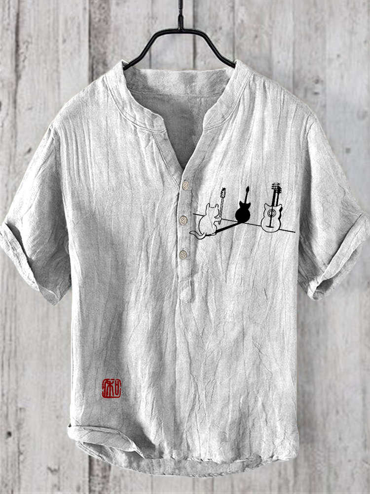 Guitar Cat Print Men's Linen V-Neck Shirt wearshes