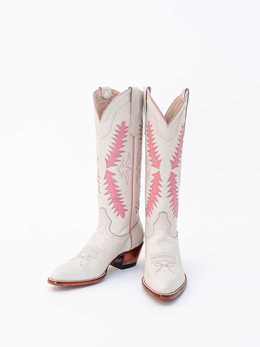 Ivory Almond Toe Pink Inlay Detail Wide Calf Knee High Cowgirl Boots