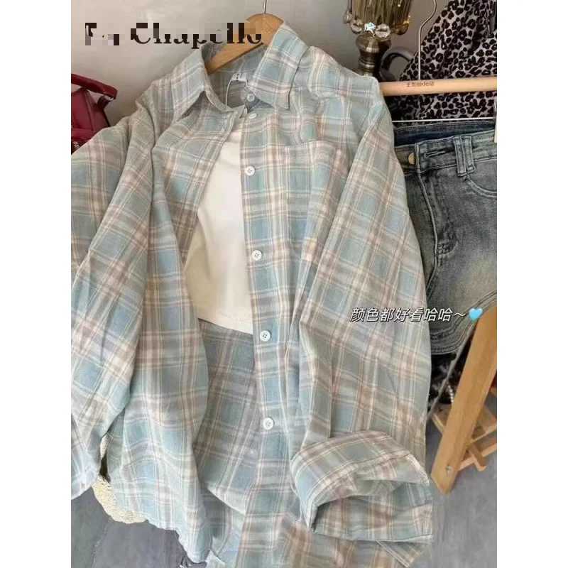 Uveng Uveng Blue Shirt Coat Women's Top 2025 Spring And Autumn New High-End Feel French Chic Loose Plaid Shirt