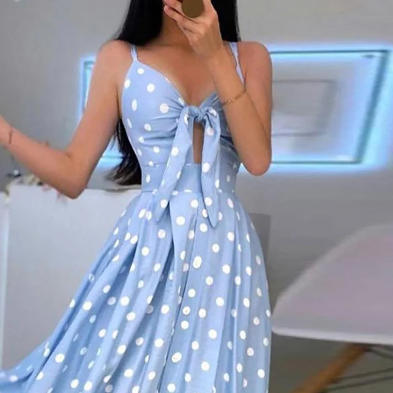 Uveng Uveng New V-Neck Sling Print Commuting Bow Mid-Long Dress