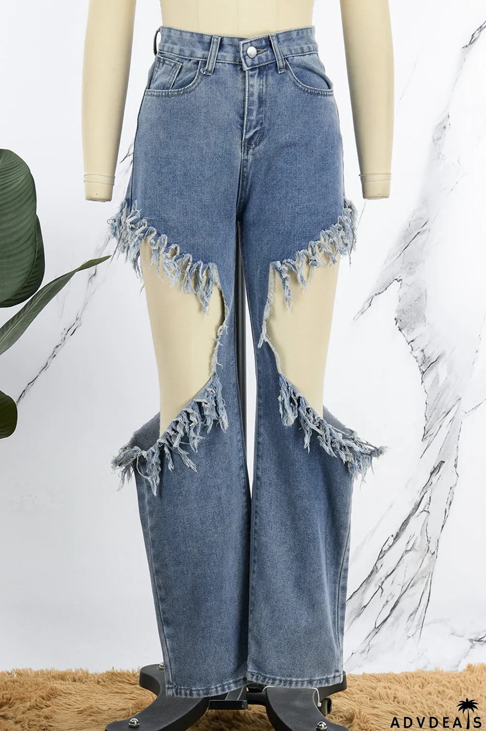 Blue Street Solid Tassel Ripped Make Old Patchwork High Waist Denim Jeans
