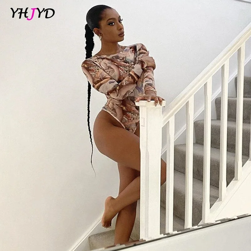 Women Sexy Bodysuit Autumn Winter 2020 Long Sleeve Vintage Print Y2k Clothing Women's Fashion Streetwear Outfits High Leg Body