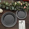 10 Pack | 10" Black / Silver Beaded Rim Plastic Dinner Plates, Disposable Round Party Plates