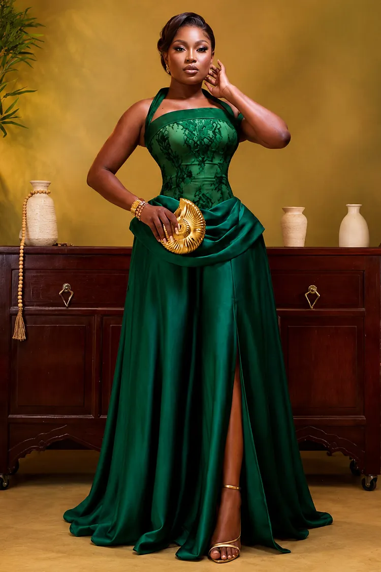 Halter Lace Corset Draped Satin Patchwork Slit Maxi Dresses-Green [Pre Order]