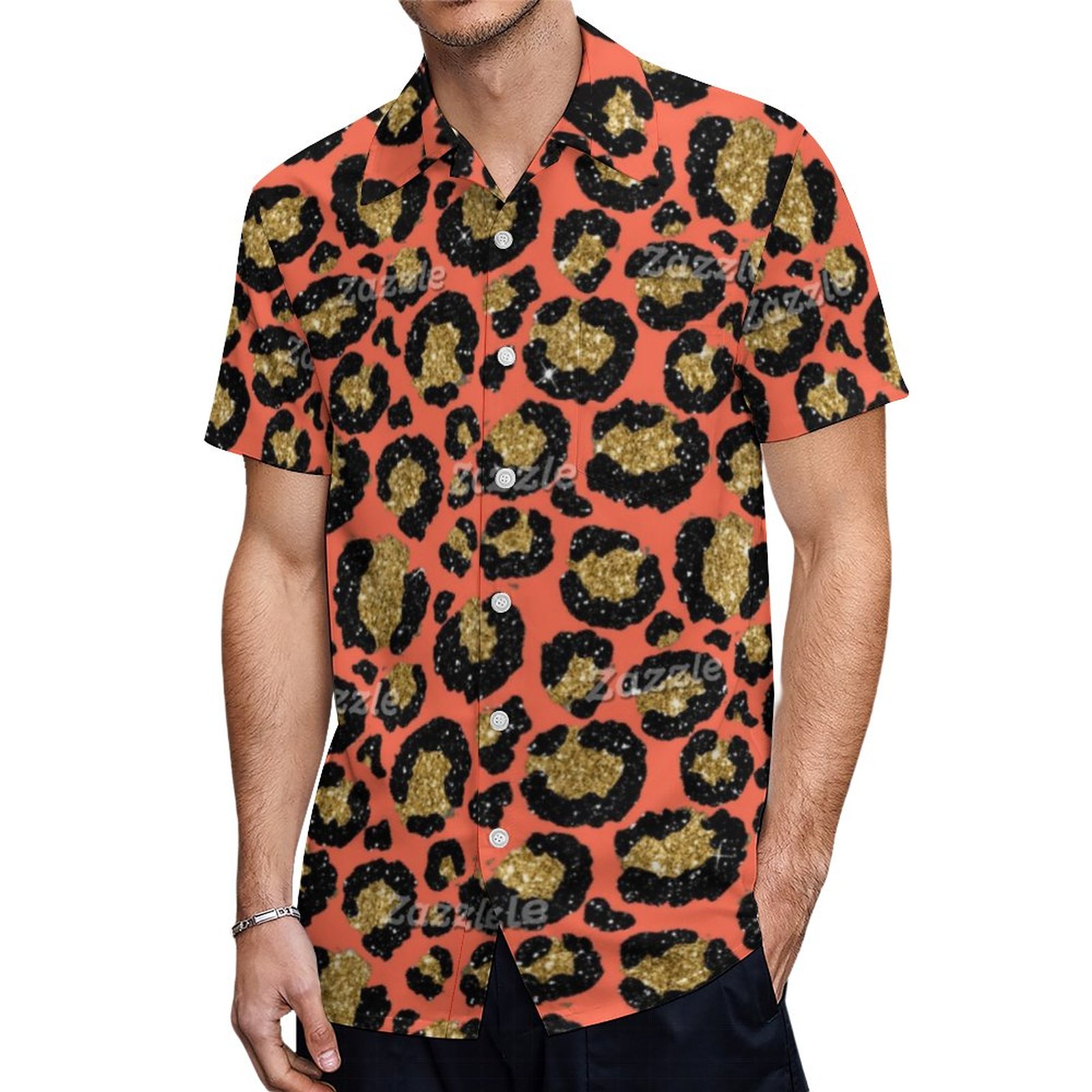 Living Coral Peach Color Of 2019 Gold Leopard Hawaiian Shirt Mens Button Down Tropical Hawaii Beach Shirts