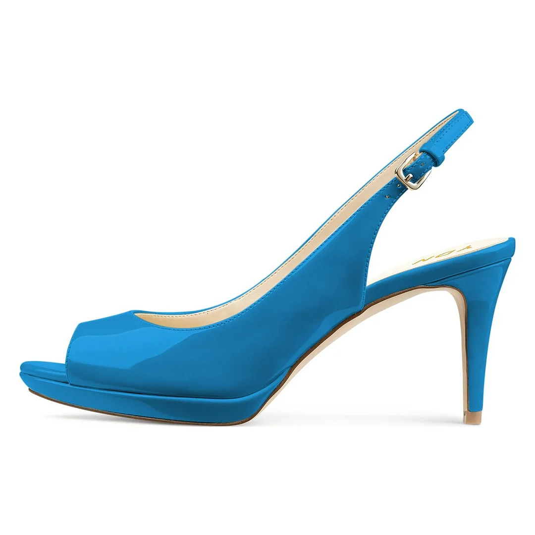 Blue Patent Leather Peep Toe Platform Buckle Slingback Sandals