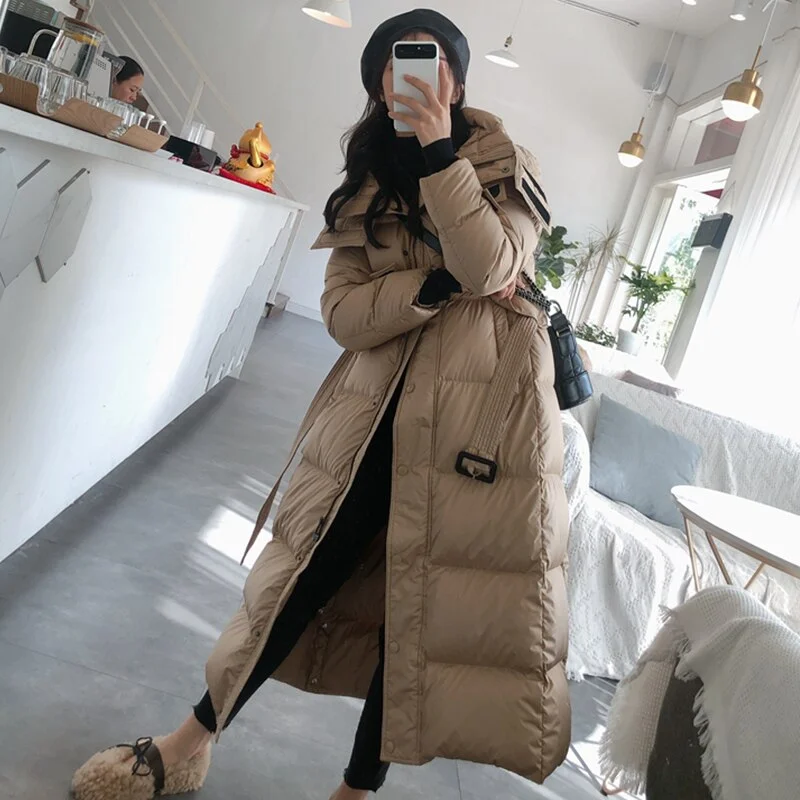 Nncharge New Winter Hooded Long Jacket Women High Street 90% White Duck Down Coat Lady Casual Thick Warm Lace-up Snow Outwear