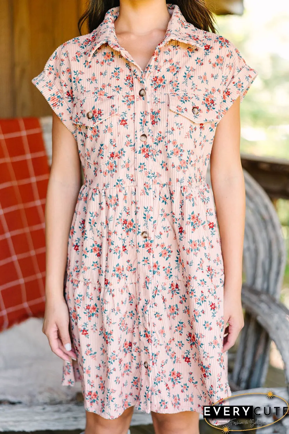 Pink Short Sleeve Flap Pockets Shirt Floral Dress