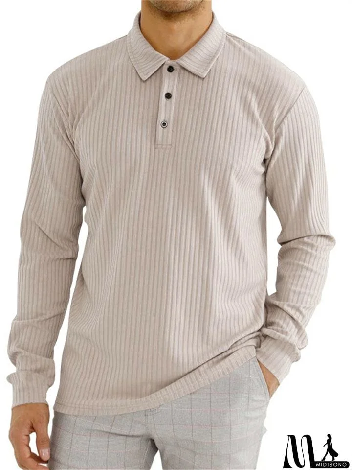 MidiSono - Men's Fall Lapel Long Sleeve Stripe Texture Golf Shirt