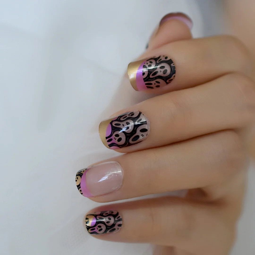 Short Fake Nails With Designs Skull Halloween Antic Artificial Nails Tips Nude Round Daily Creative Press Nail On Finger