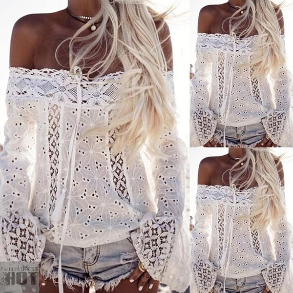 Summer Women Sexy White Embroidery Lace Crop Top Plus Size Clubwear Flare Sleeve Clothing - Life is Beautiful for You - SheChoic