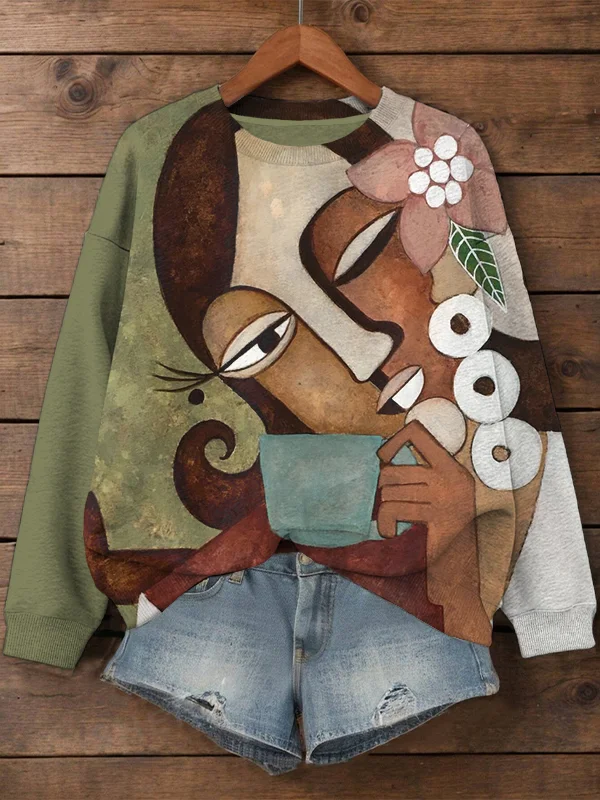 Women's Elegant Woman Drinking Coffee Geometric Abstract Art Print Casual Sweatshirt