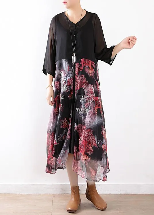 Women black chiffon cardigan For Women 2019 Fabrics patchwork prints Maxi summer Dress