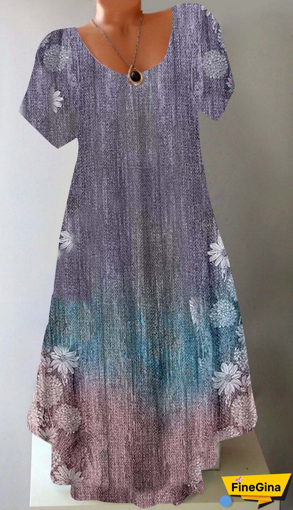 Women Casual Short Sleeve Scoop Neck Floral Printed Gradient Midi Dress