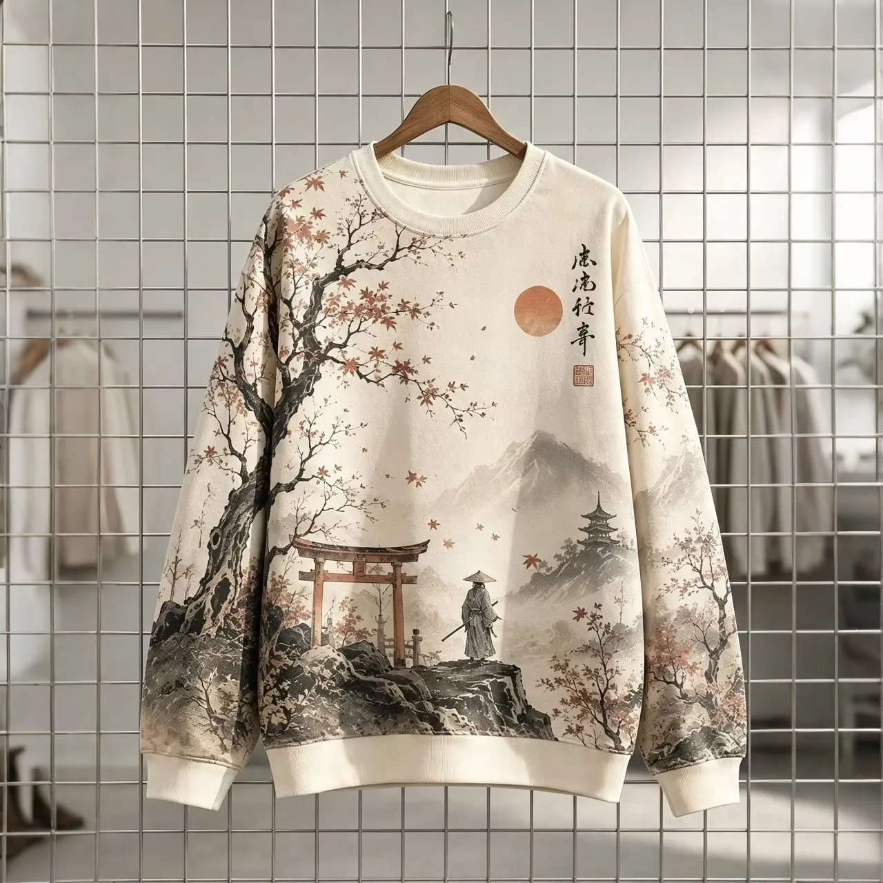 Men's Japanese Ukiyo-e Maple Leaf Samurai Torii Gate Mountain Art Print Casual Sweatshirt  artssus
