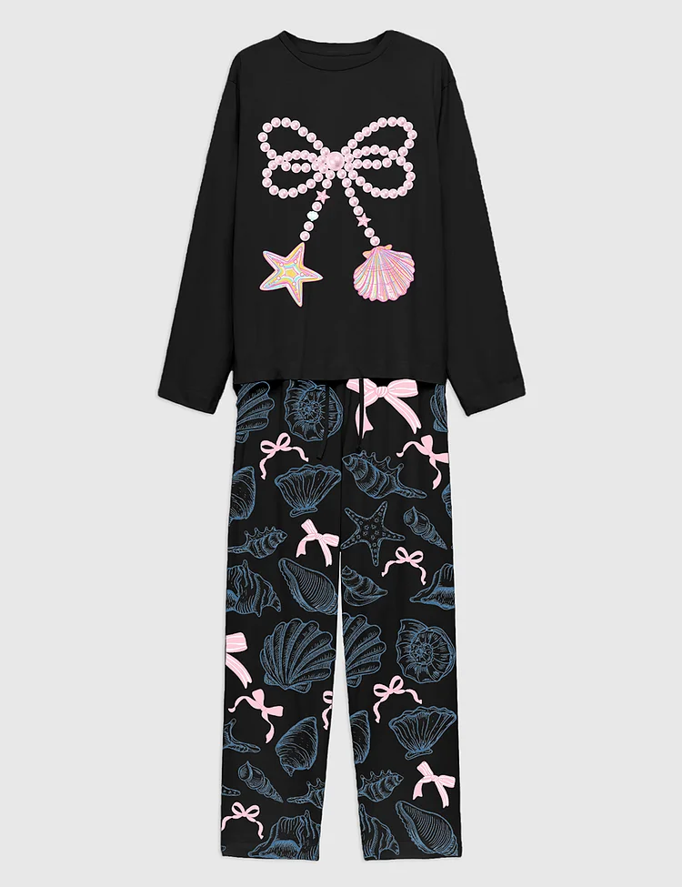 Women&rsquo;s Coastal Seashell Starfish Preppy Summer Vibes Pink Clam Beach Girls Trip Long Sleeve Pajama Set