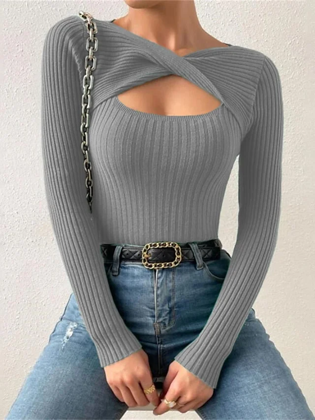 Women's Pullover Sweater jumper Jumper Ribbed Knit Hollow Out Knitted Pure Color V Neck Stylish Casual Outdoor Daily Winter Fall Gray White S M L / Long Sleeve / Holiday / Regular Fit / Going out | IFYHOME