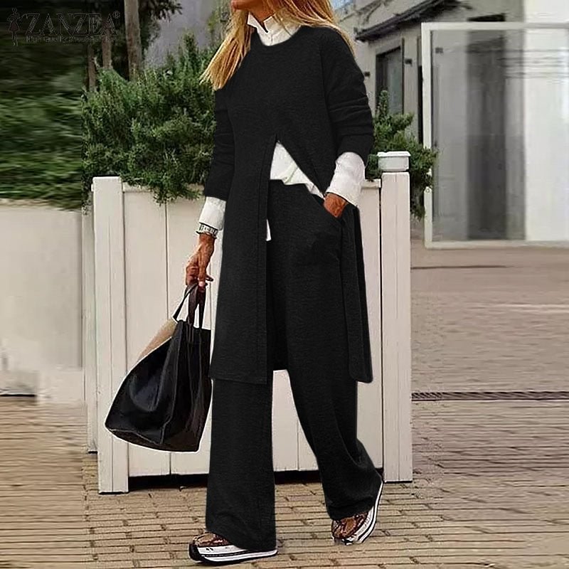 2PCS ZANZEA Women's Tracksuit Autumn Trouser Suits 2022 Urban Casual Solid Matching Sets Long Sleeve Wide Leg Pant Sets Mujer