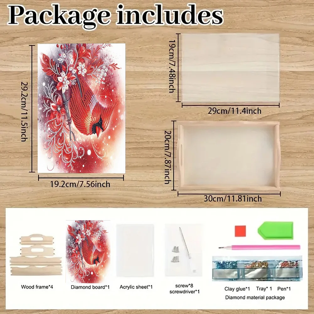 5D DIY Cardinal Diamond Painting Wooden Serving Tray with Handle for Desk