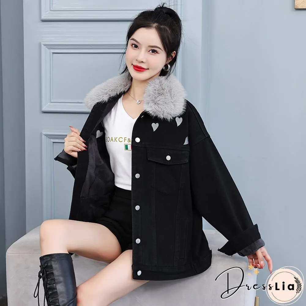 Heart Print Denim Jacket Women Winter Fashion Fur Collar Jeans Students Casual Thick