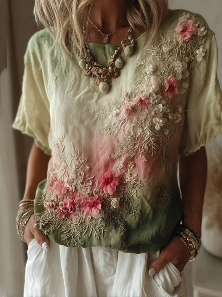 Vintage Floral Gradient Pattern Linen Comfy T-shirt