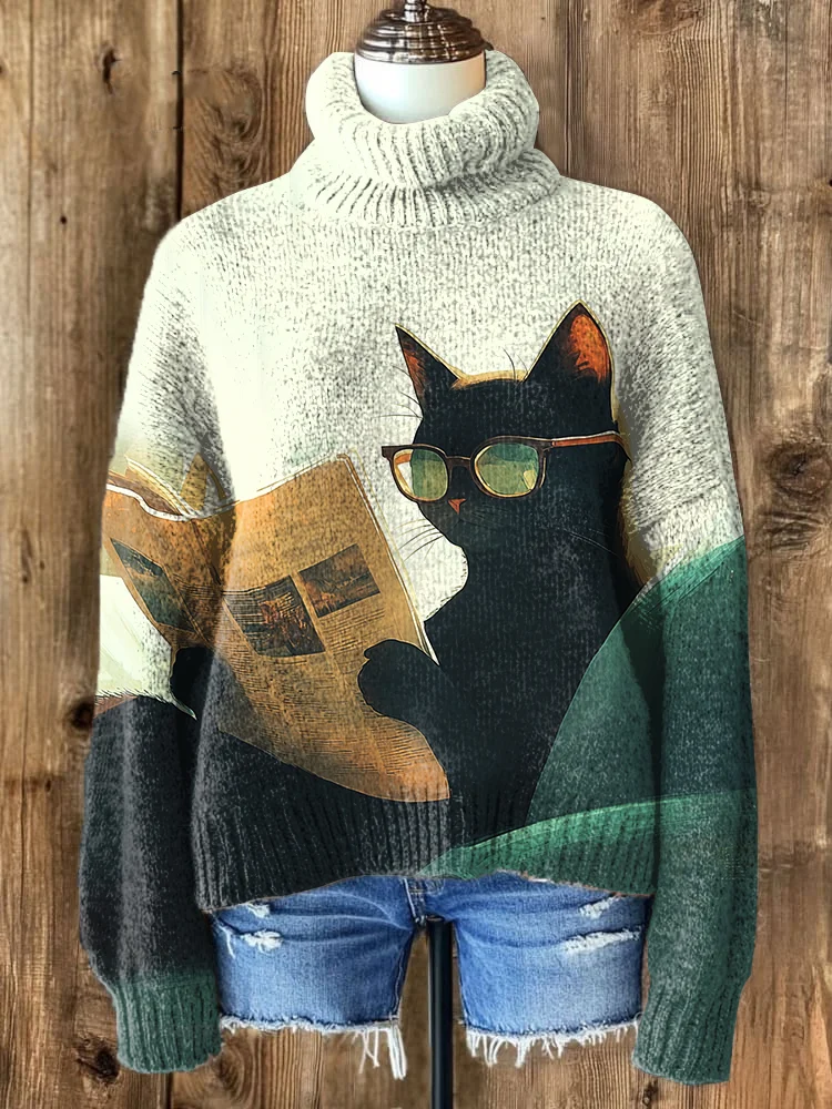 Women's Black Cat Wearing Glasses Reading Newspapers Art Print High Neck Knit Sweatshirt