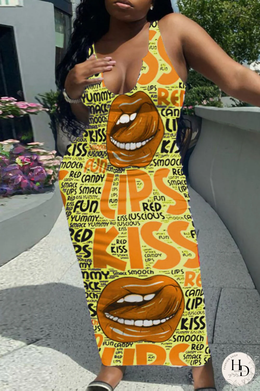 Yellow Fashion Sexy Plus Size Letter Lips Printed Basic U Neck Vest Dress