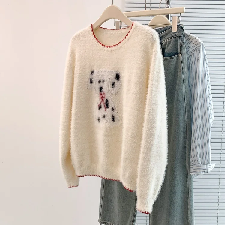 Athvotar Athvotar Spotted Dog Watery Wool Sweater Women Winter Soft Languid Horse Hair Long Knitted Blouse Autumn And Winter