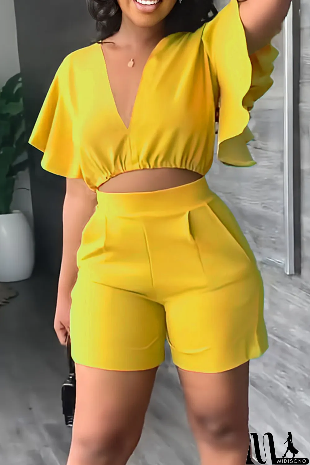 MidiSono - Yellow Casual Solid Patchwork Flounce V Neck Short Sleeve Two Pieces