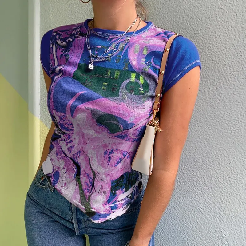 HEYounGIRL Printed Harajuku Short Sleeve Crop Top T Shirt Fashion Summer Hip Hop Basic T-shirt Women Casual  90s Streetwear