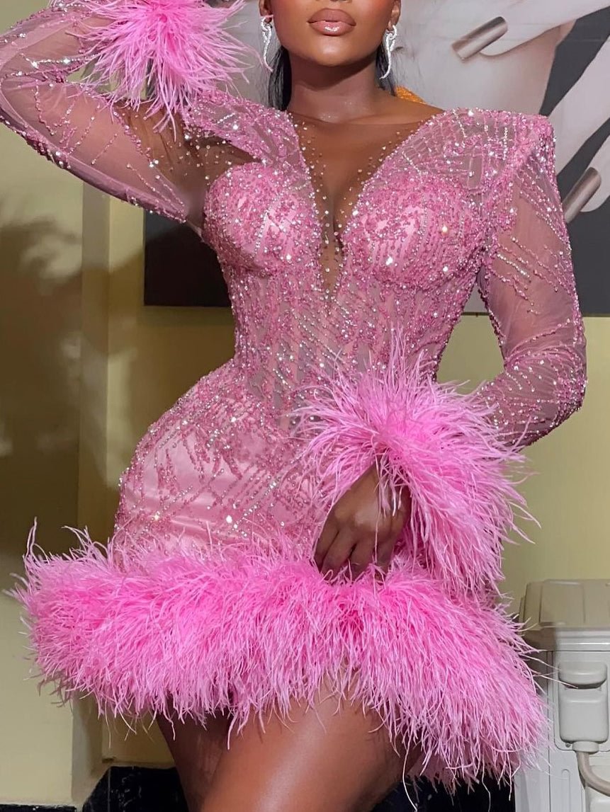 Flattering Round Neck Sheer Long Sleeve Mesh Sequins Feather Pink Prom Dress