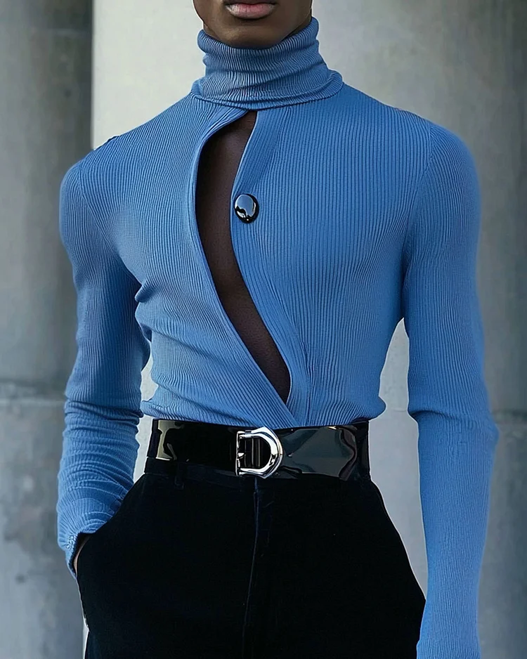 Men's High Neck Hollow Long Sleeve Knit Top