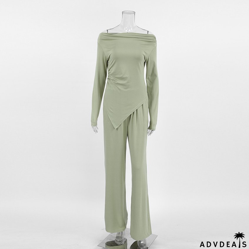 Autumn And Winter Grey Knitting Fashion Off Shoulder Long Sleeve Top High Waist Wide Leg Pants Casual Two Piece Set