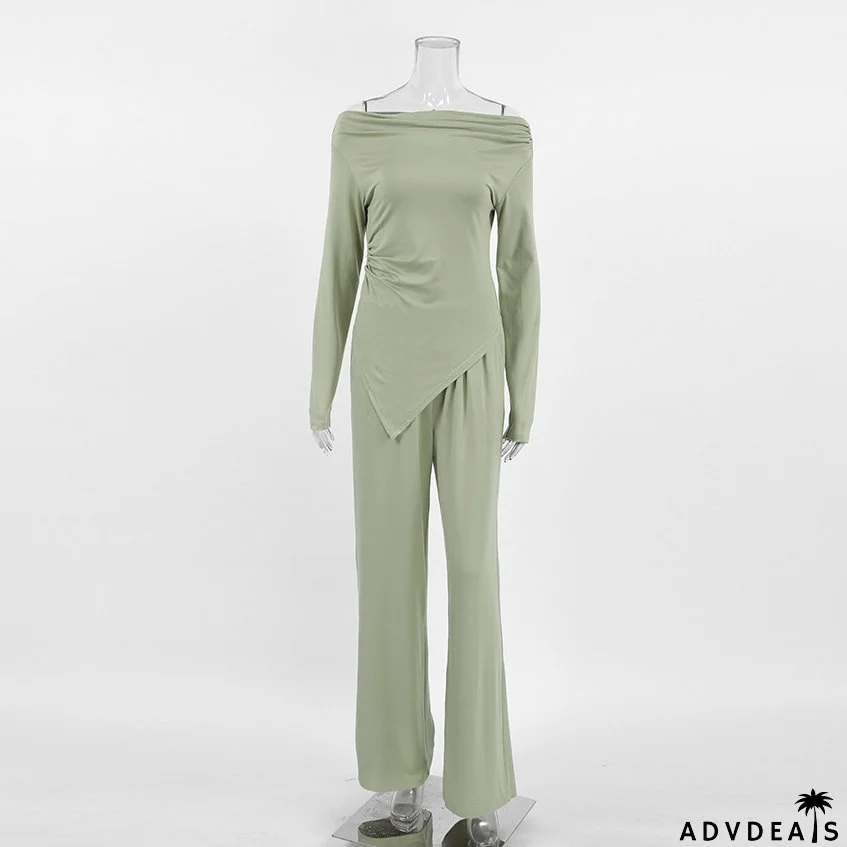 Autumn And Winter Grey Knitting Fashion Off Shoulder Long Sleeve Top High Waist Wide Leg Pants Casual Two Piece Set