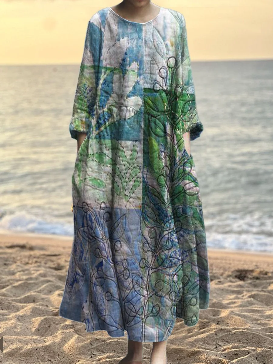 Women's Vintage Patchwork Art Print Pocket Cotton Dress