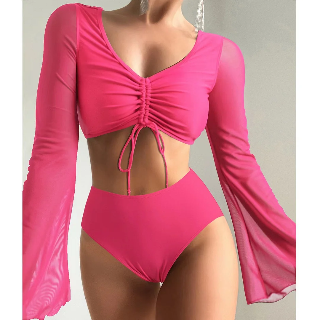 Uveng 2023 New Split-Colored High-Waist Conservative Splicing Yarn Swimsuit Swimsuit
