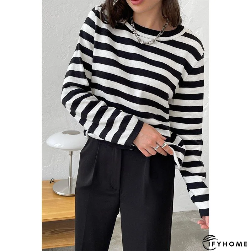 Casual Vintage Crew Neck Knitted Striped shirt & Top | IFYHOME
