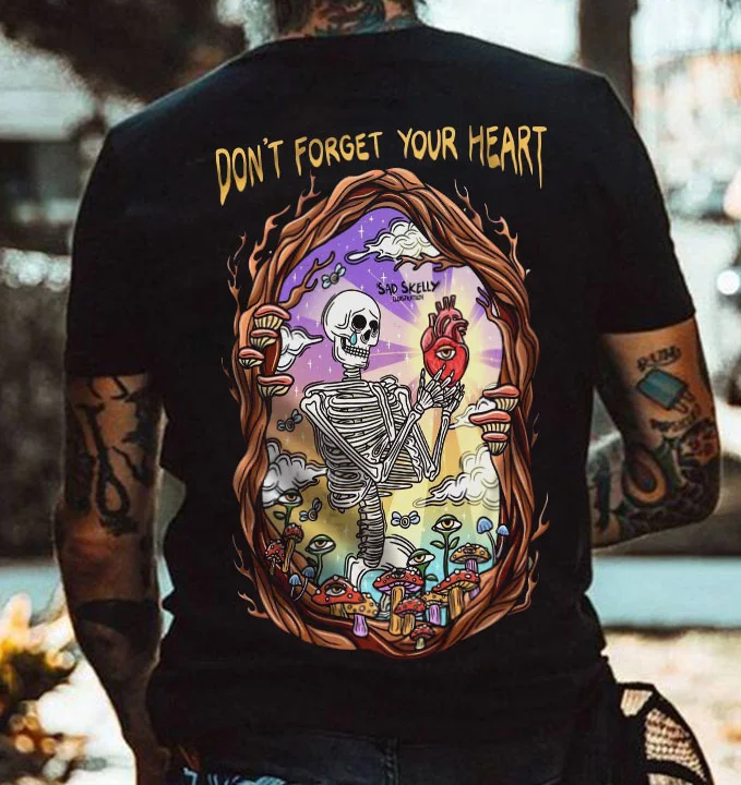 DON'T FORGET YOUR HEART Skull Black Print T-shirt
