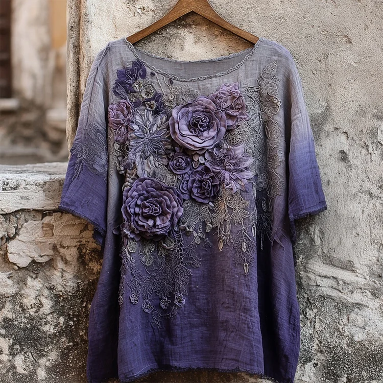 Vintage Purple Roses Embroidered Gradient Linen Tunic