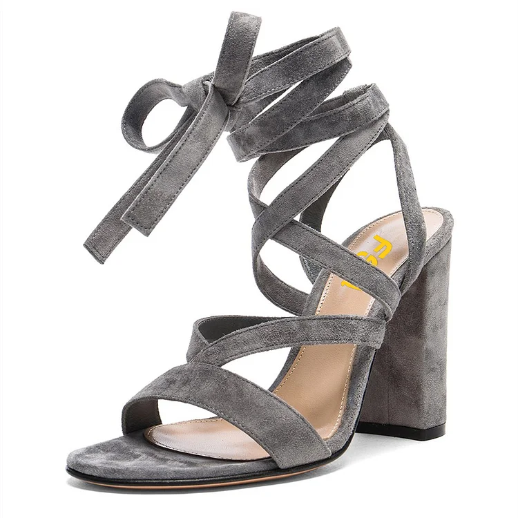 Gray Vegan Suede Open Toe Chunky Heel Strappy Sandals for Women |FSJ Shoes