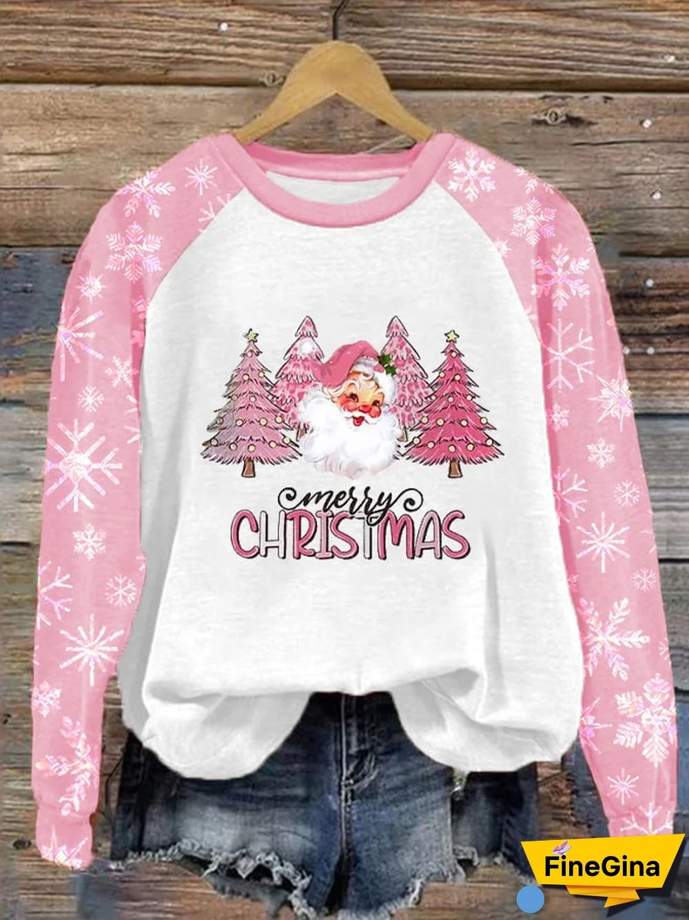 Women's Merry Christmas Pink Christmas Tree Santa Claus Print Casual Sweatshirt