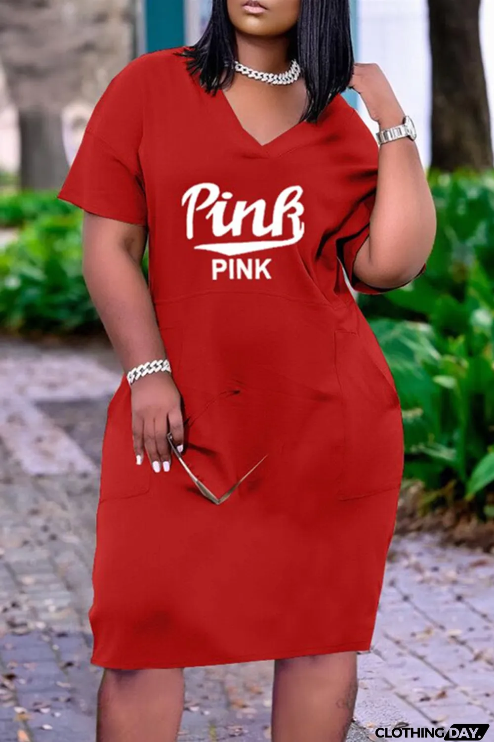 Red Fashion Casual Letter Print Basic V Neck Short Sleeve Dress Dresses