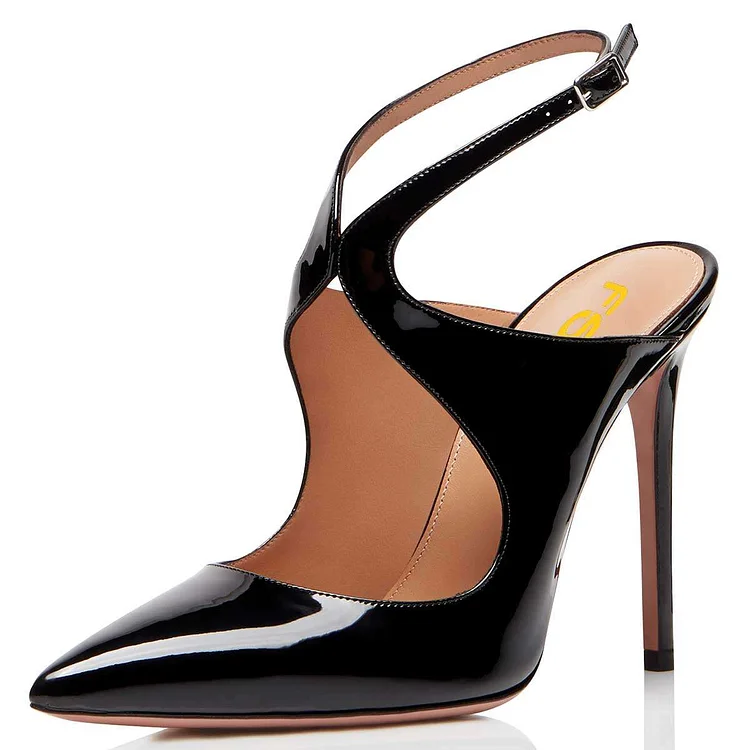 Black Patent Leather Slingback Pumps Stiletto Heel Pointy Toe |FSJ Shoes